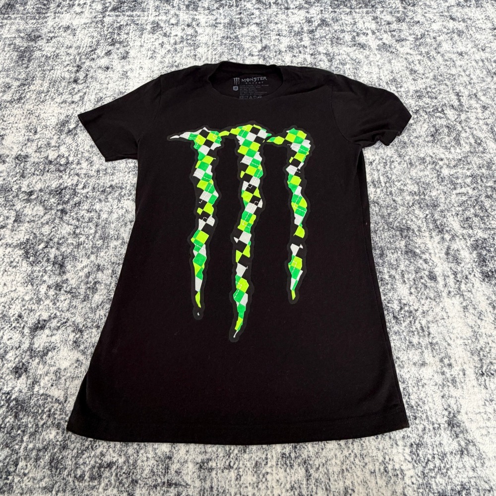 Monster Energy Checkered Logo T-Shirt Small Black Mens Junior Racing Moto Tee